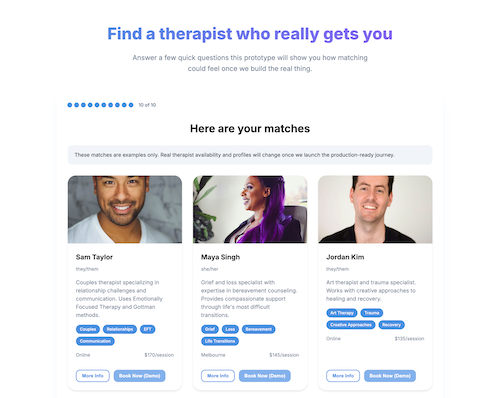 Sandbox demo preview: therapist matching results